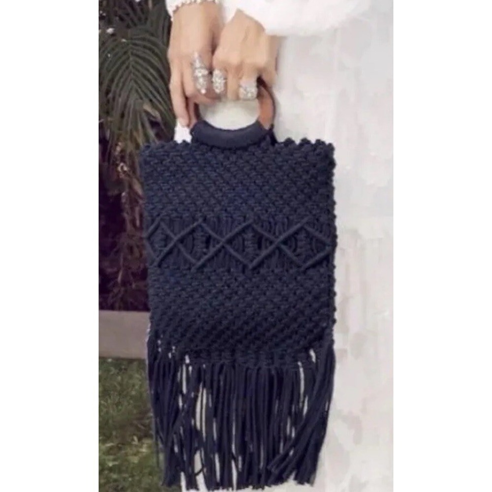 DANIELLE NICOLE Crochet Crossbody Purse S Black Macrame Fringed w/Wood Handles